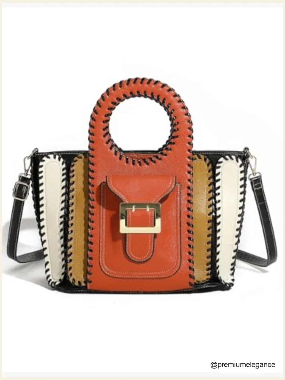 Large Faux Leather Satchel Crossbody Bag with Whipstitch Detail